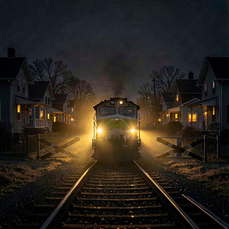 Ghost Signals: Ballads of the Rails album cover — a train approaching a small town at night under amber light