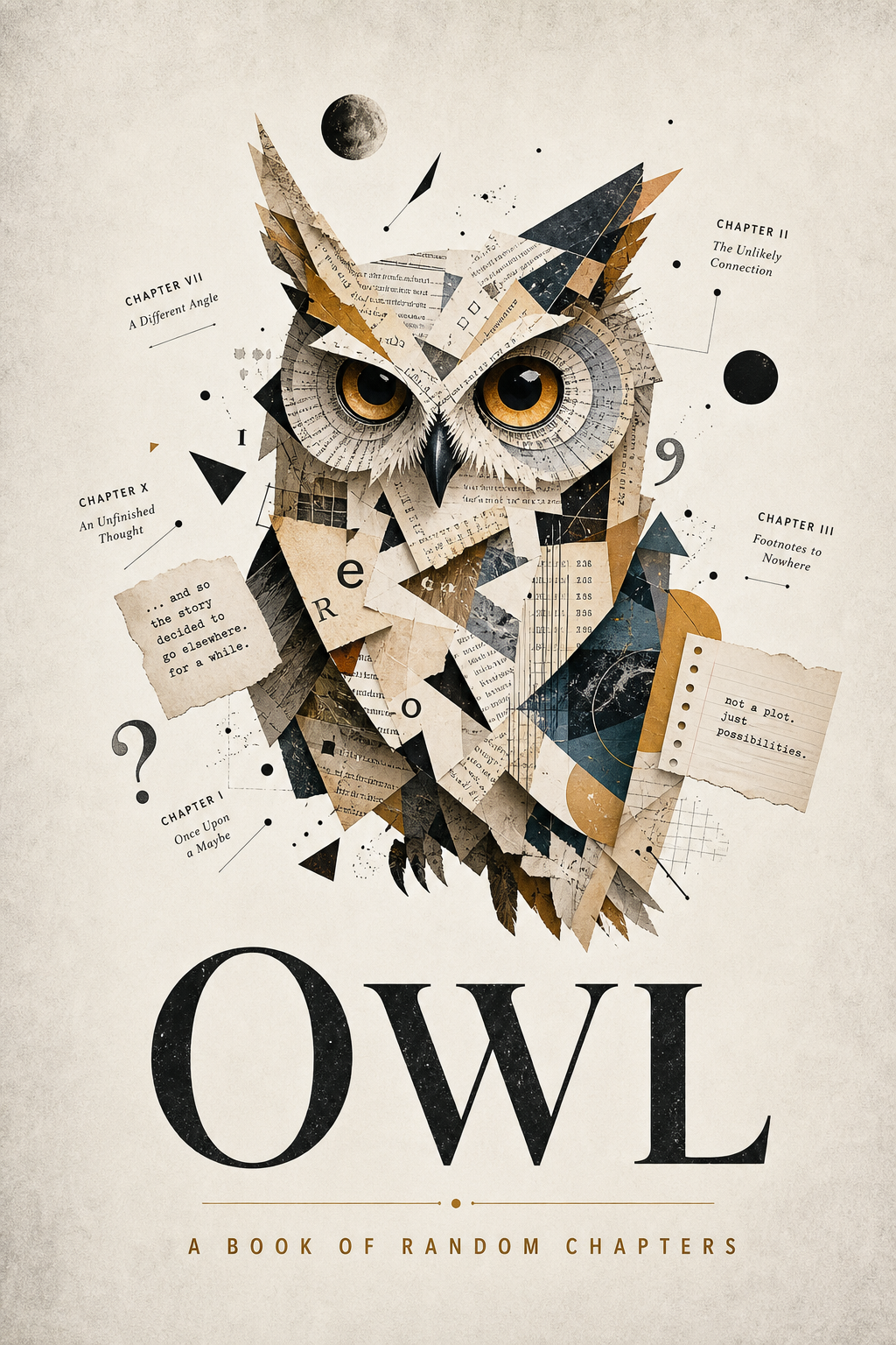 OWL: A Book of Random Chapters cover — a collage owl built from torn pages and scattered chapter titles