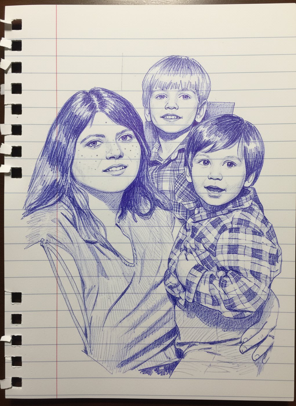Pen-and-ink retelling of Nate with his mom Dotty and brother Rinza