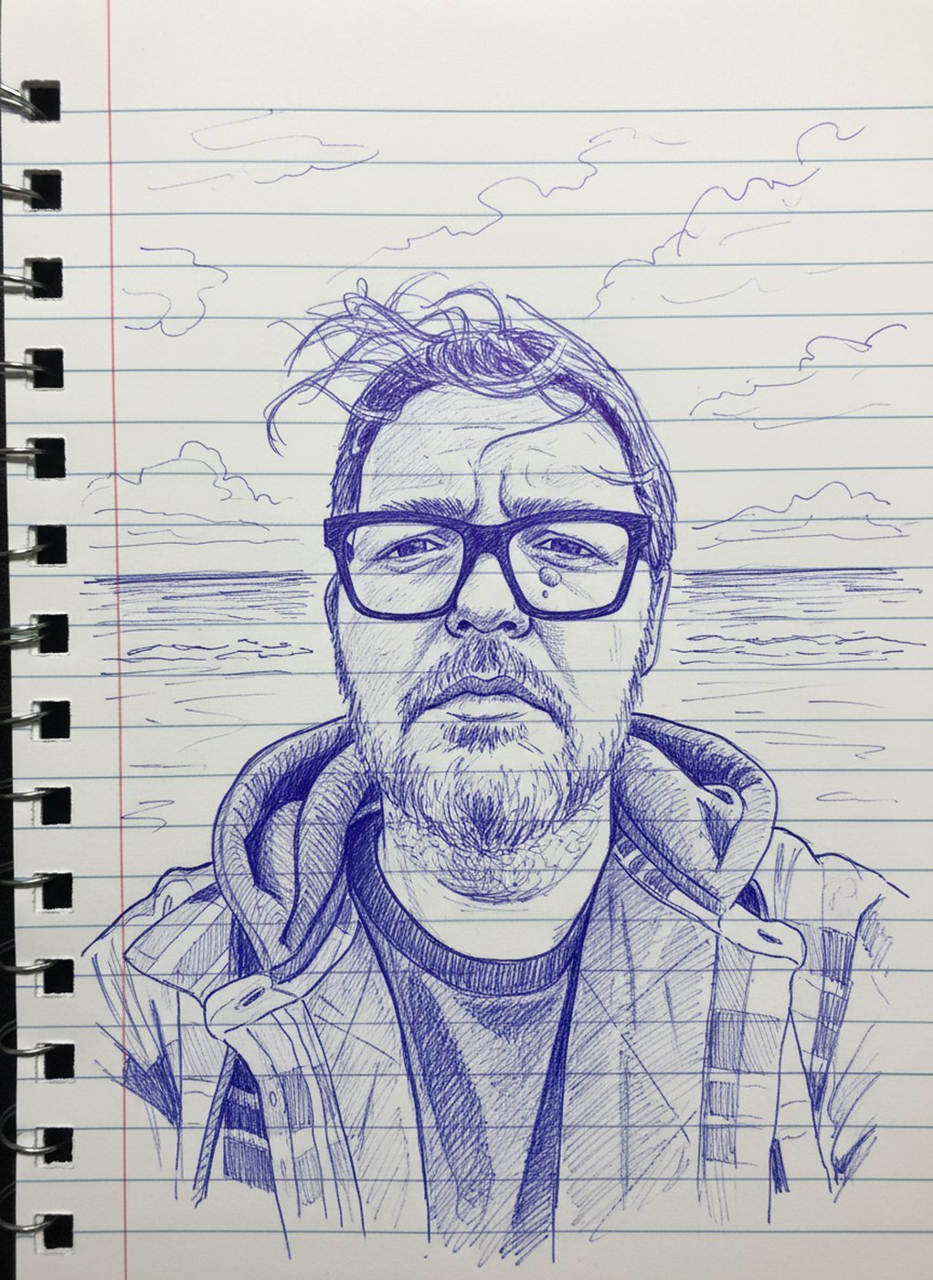 Pen-and-ink retelling of Nate at the beach at 47