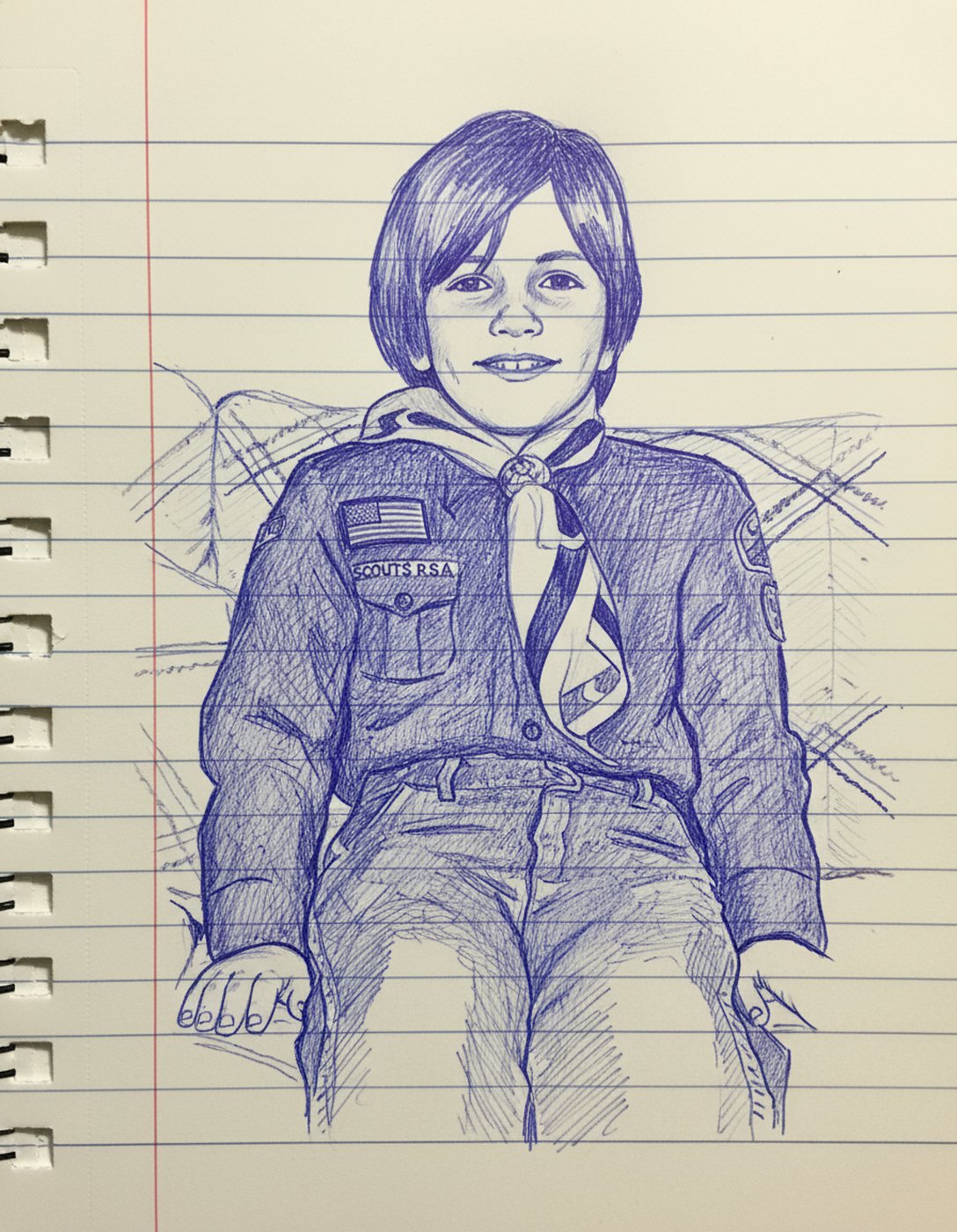 Pen-and-ink retelling of a boy in a scout uniform