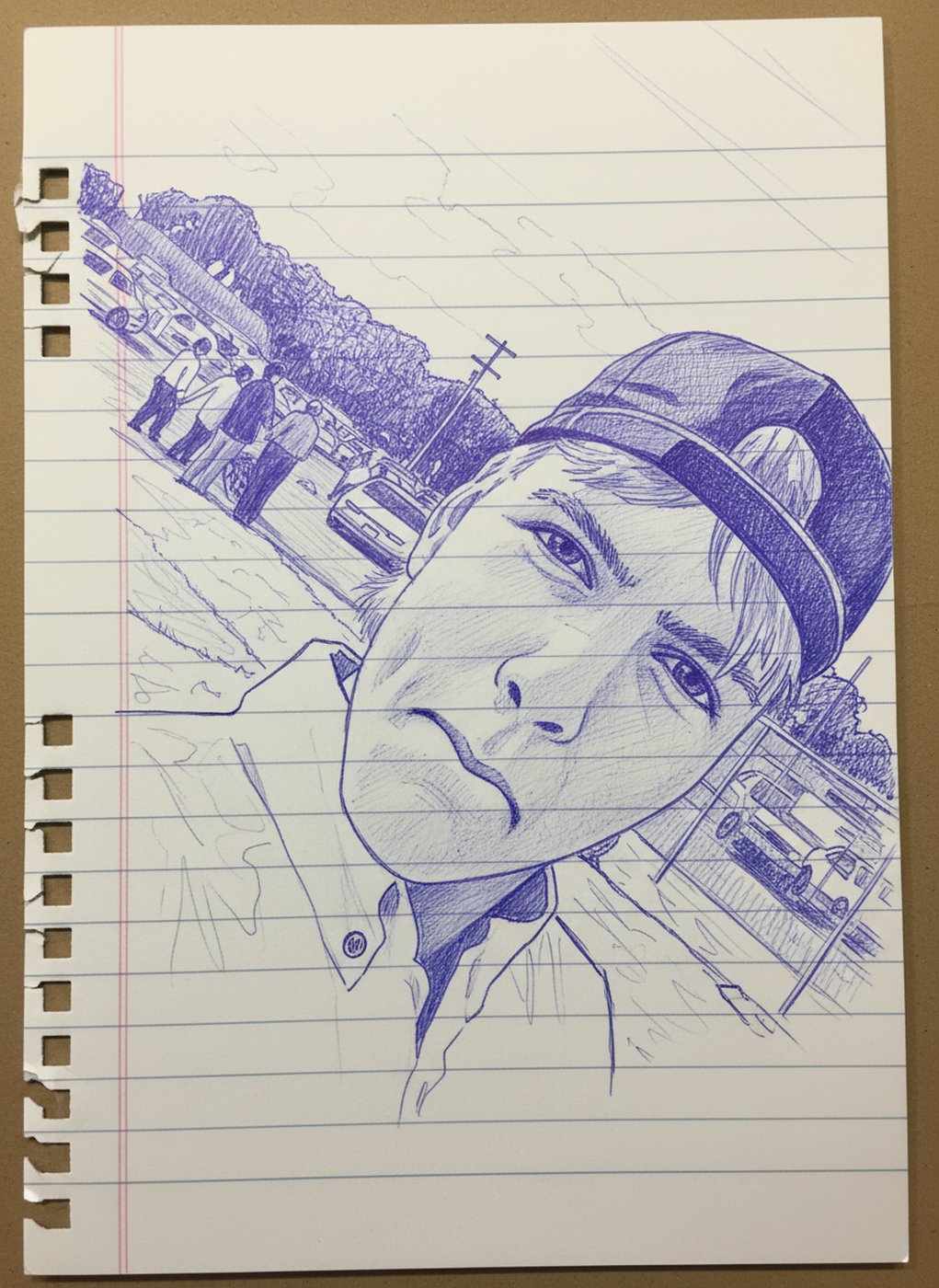 Pen-and-ink retelling of Nate at 15 on a small-town street