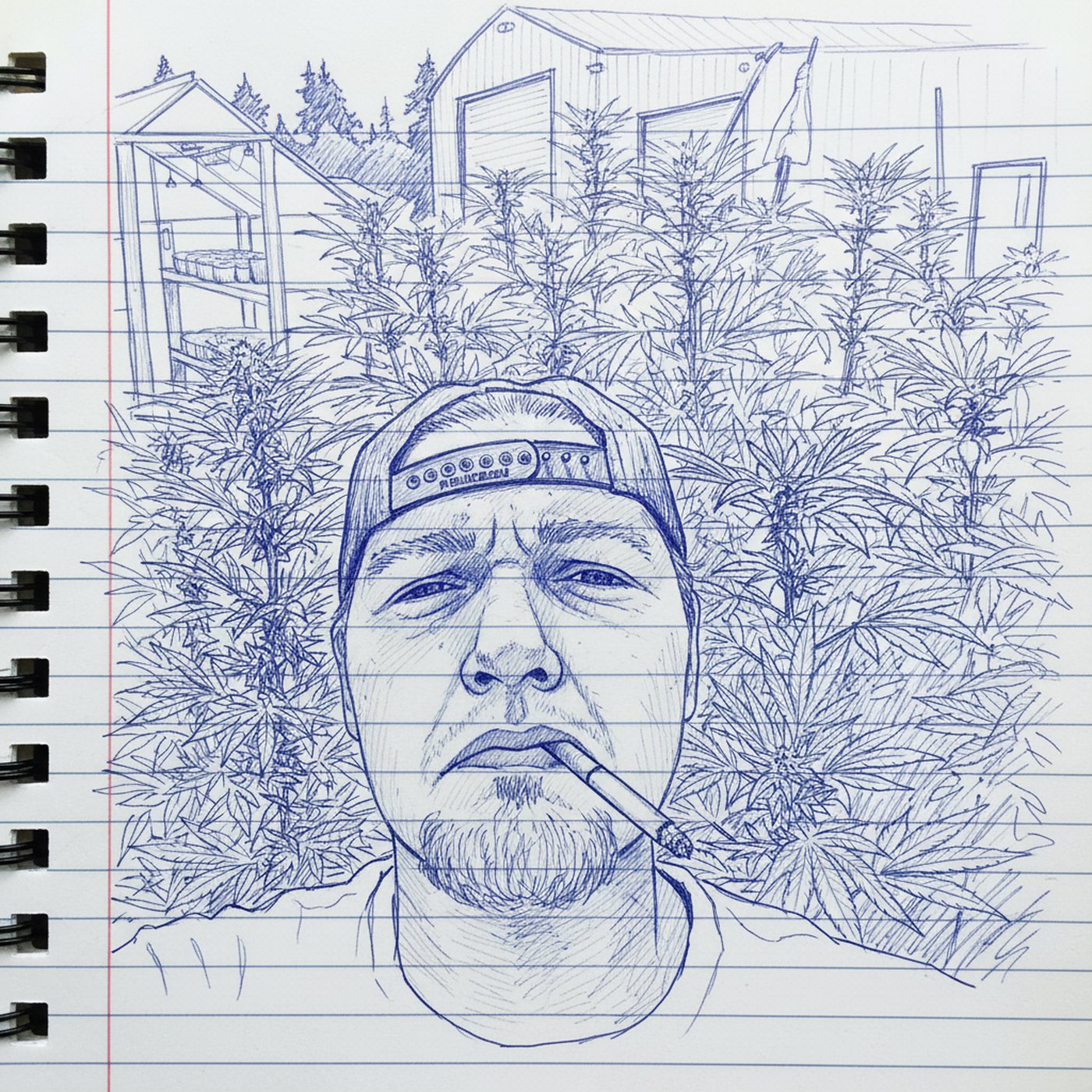 Pen-and-ink retelling of Nate in front of his cannabis plants, 2024
