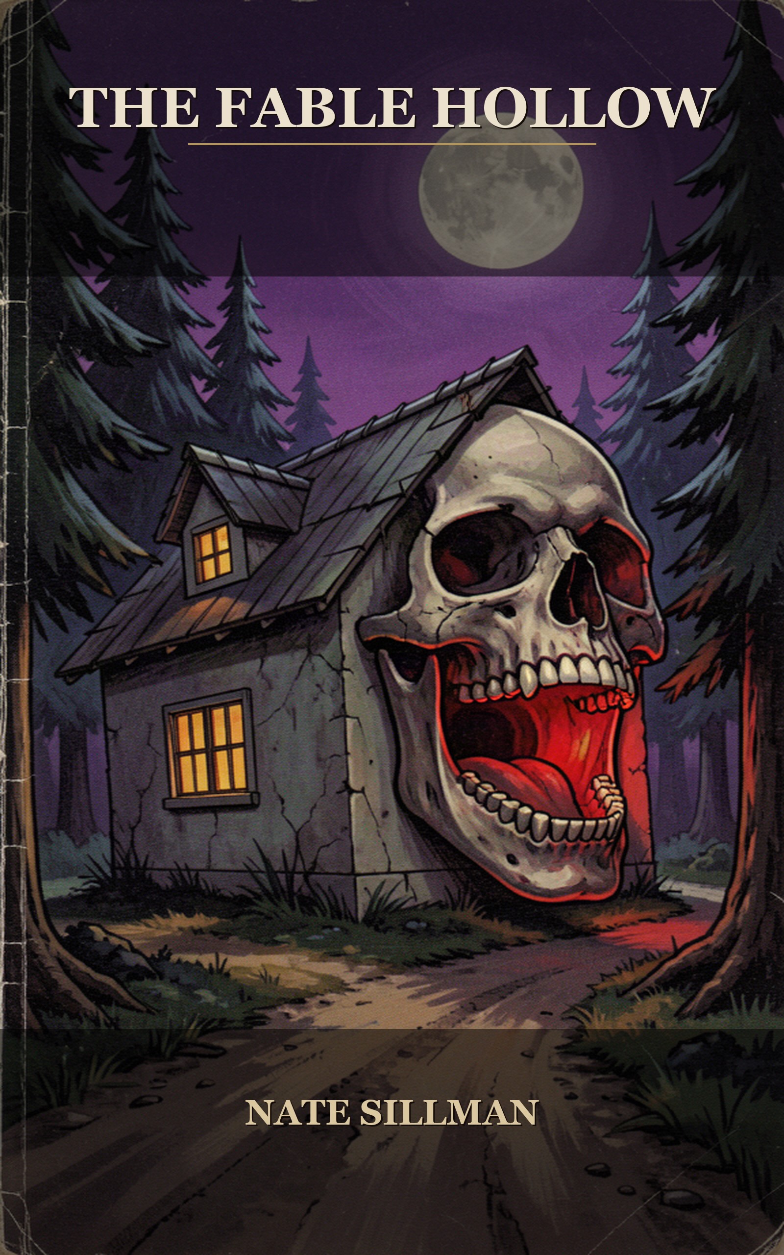 The Fable Hollow book cover — a weathered storybook house set into the jaw of a giant skull beneath a full moon