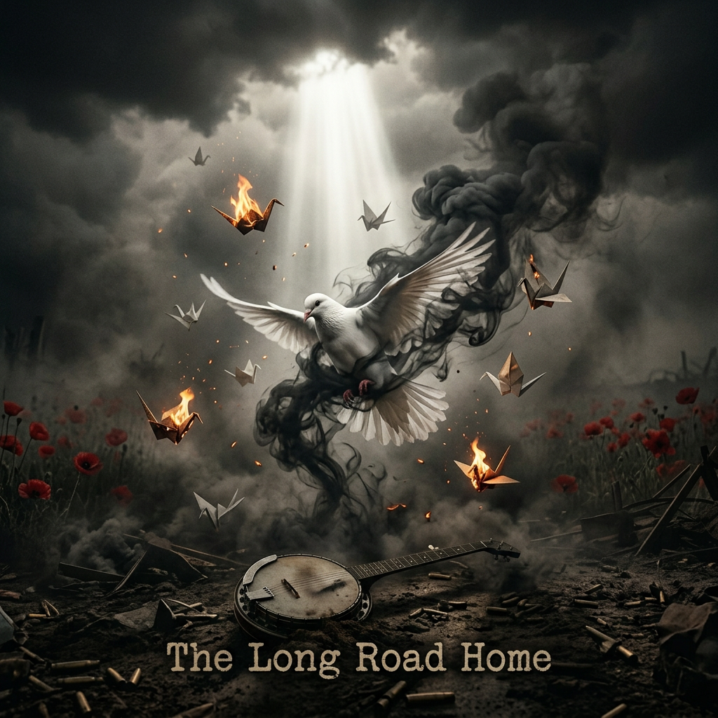 The Long March Home album cover — a white dove flying amid burning origami cranes, banjo on the ground, red poppies in background